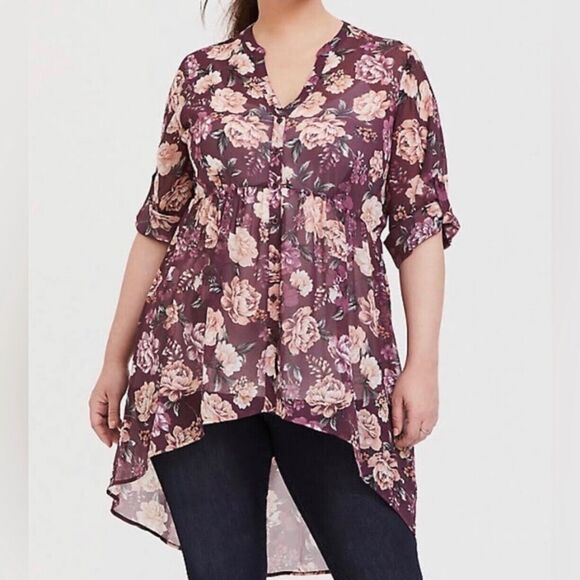 Torrid Sheer Floral Chiffob Hi-Lo Tunic Top Plus Size 1 Baby Doll Blouse 1X - Picture 1 of 5